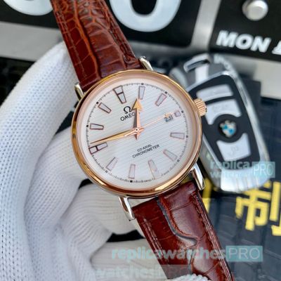 Copy Omega Co-Axial Mens Watch White Dial Rose Gold Bezel 42mm